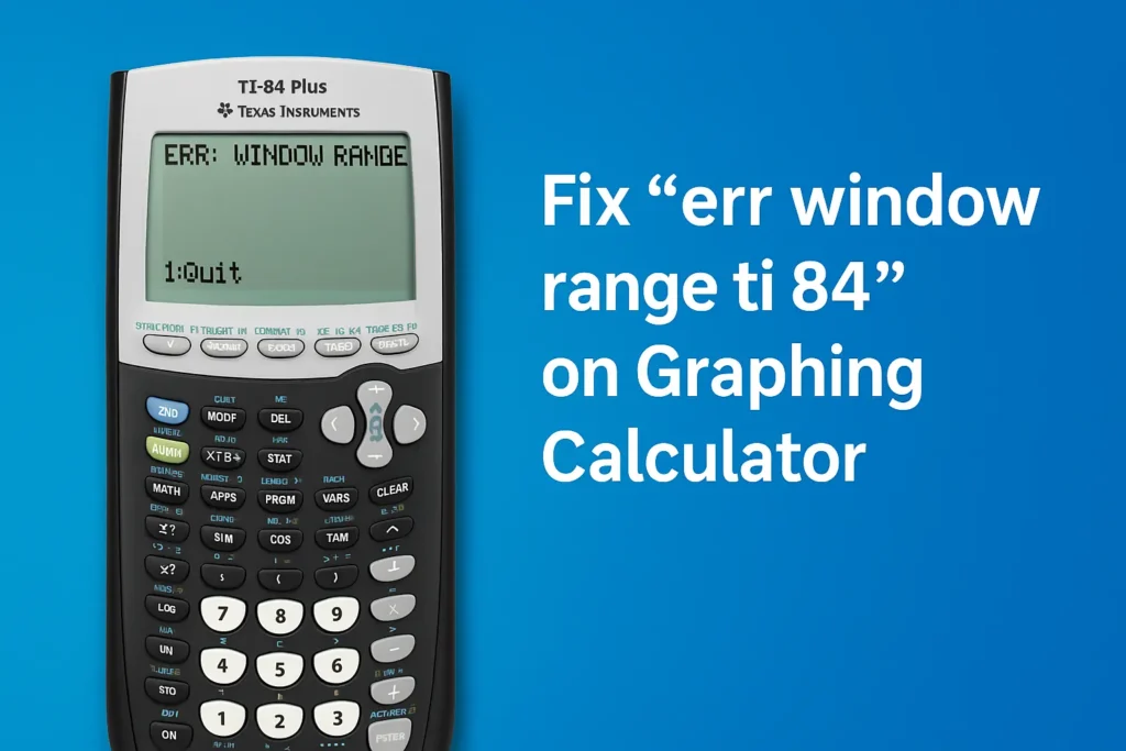 **SEO-Optimized Alt Text:** TI-84 Plus graphing calculator showing “err window range ti 84” error with fix guide text on a blue background – troubleshooting TI-84 display issue.
