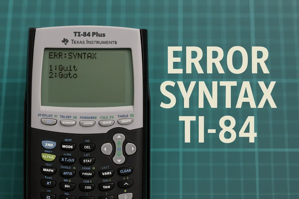 TI-84 Plus calculator screen showing an “Error Syntax on TI 84” message, illustrating a common syntax issue users face while entering equations or commands.
