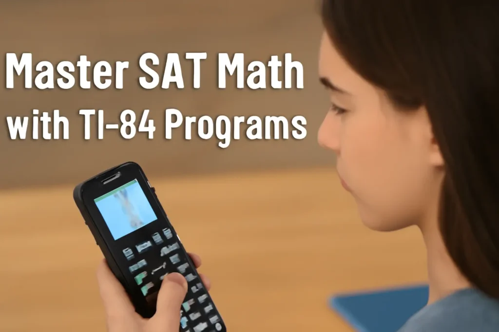 Young woman using a TI-84 Plus CE calculator, with SAT calculator programs displayed on the screen, highlighting the importance of mastering SAT math.